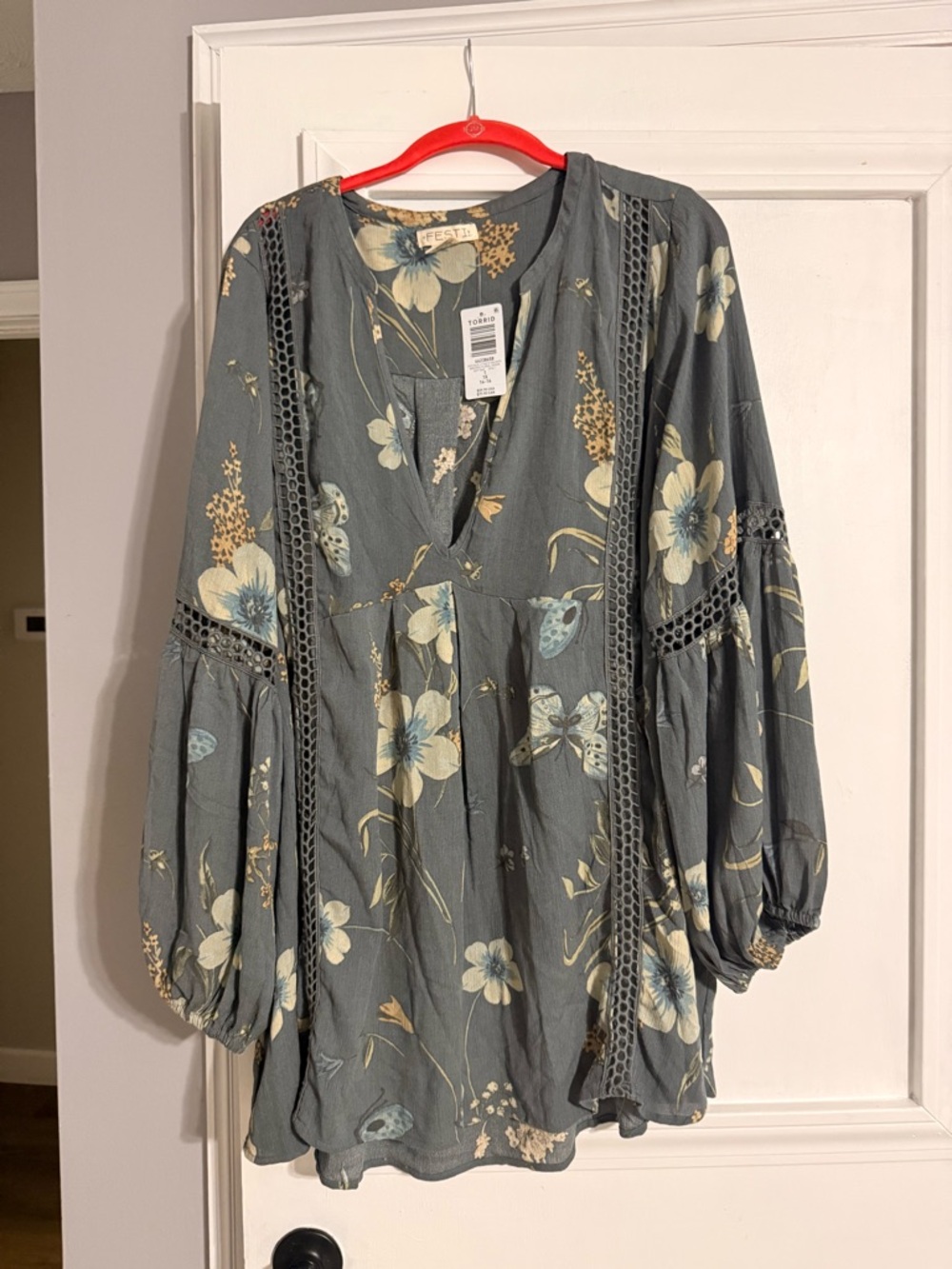 torrid Floral Gauze Tunic in Denim Blue & Cream